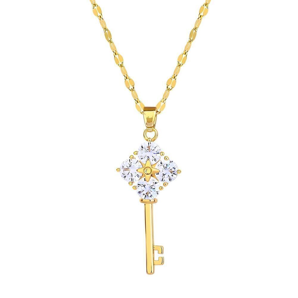 18K Gold Plated Women's Key Pendant Necklace Cubic Zirconia Waterproof Jewelry